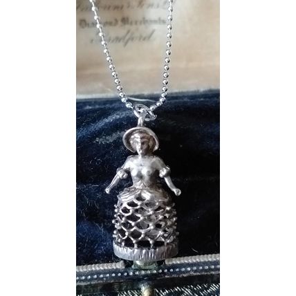 Antique Vintage Victorian 1890-s Solid Silver Lady Doll Pendant on Modern Chain.