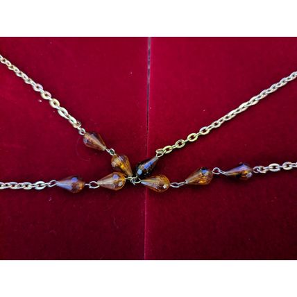 Vintage Gold-Tone Chain Necklace with Amber Beads and Y-Style Design, 32 Inches