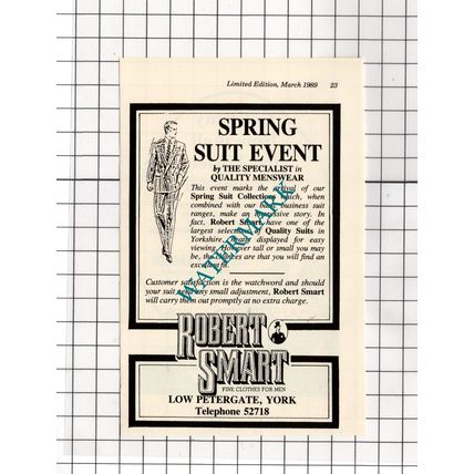 Robert Smart Clothing Shop York - 1989 Small Advert