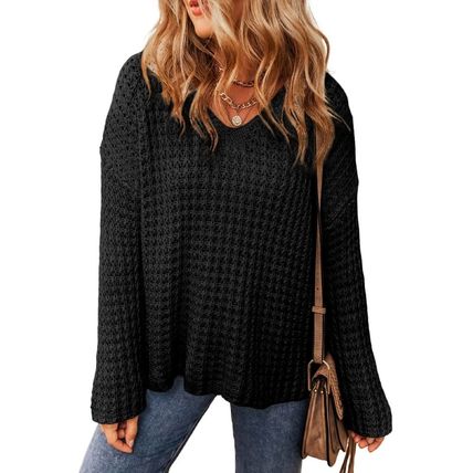 Black Hollow-out Crochet V Neck Sweater