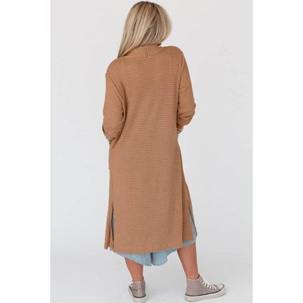 Chestnut Long Waffle Knit Cardigan with Pockets