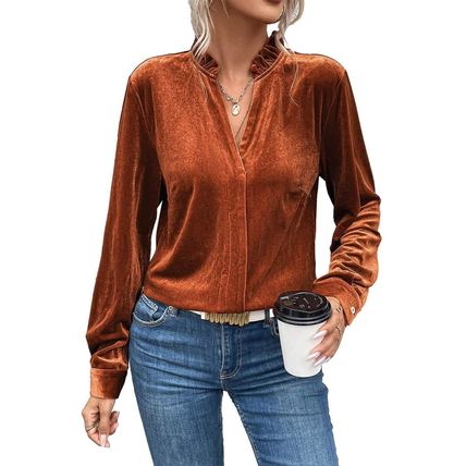 Gold Flame Frilled Collar Velvet Shirt