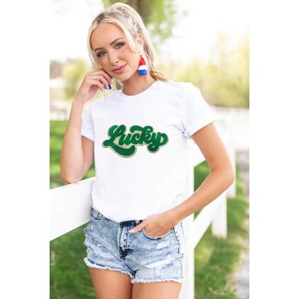White St. Patrick Lucky Chenille Glitter Patched Graphic T Shirt