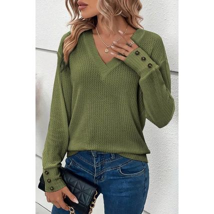 Jungle Green Textured Knit V Neck Button Cuffs Long Sleeve Top