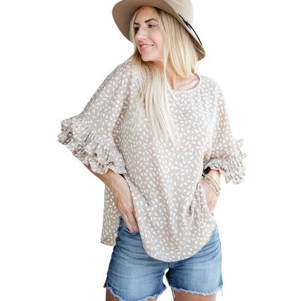 Khaki Dolman Ruffled Sleeve Loose Blouse