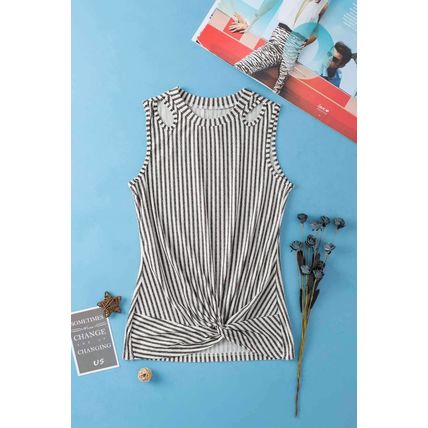 Gray Striped Cutout Twist Front Tank Top