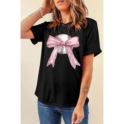Black Baseball Bow Knot Print Round Neck T Shirt