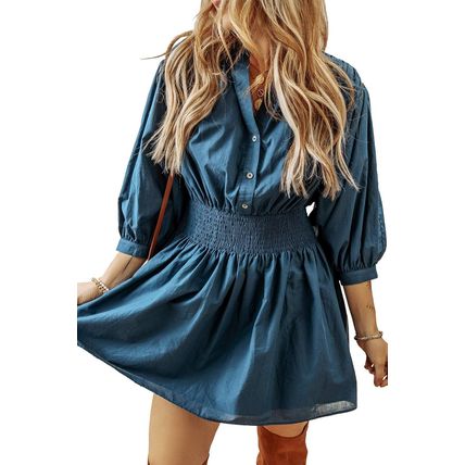Prussian Blue 3/4 Sleeve Shirred High Waist Buttoned Mini Dress