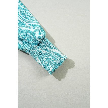 Green Paisley Print Smocked Cuff Buttoned Loose Shirt