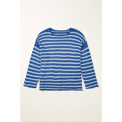 Sky Blue Stripe Drop Shoulder O Neck Plus Size Sweater