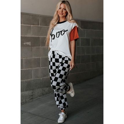 Black Checkerboard Elastic Waist Pocketed Joggers