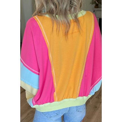 Rose Red Plus Size Colorblock Patchwork Exposed Seam Sweatshirt
