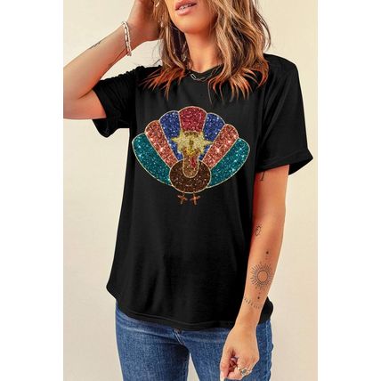 Black Glitter Turkey Graphic Thanksgiving T Shirt