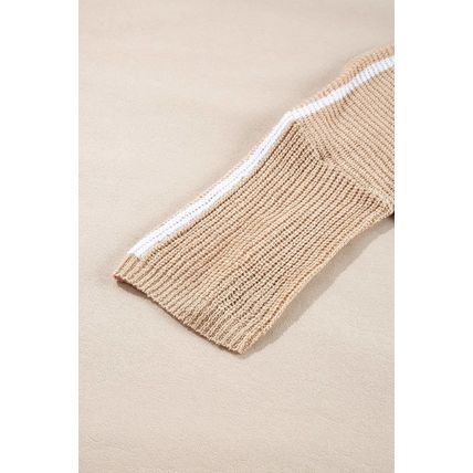 Light French Beige Contrast Striped 3/4 Sleeve Crew Neck Sweater