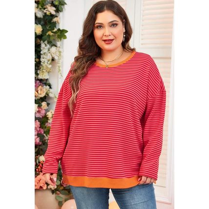 Orange Stripe Plus Size Drop Shoulder Long Sleeve Buttoned Decor Top