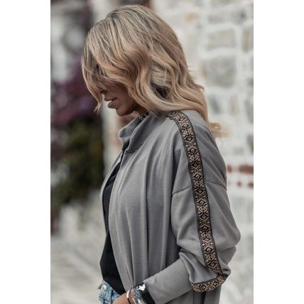 Medium Grey Aztec Accent Side Slit Open Front Long Cardigan