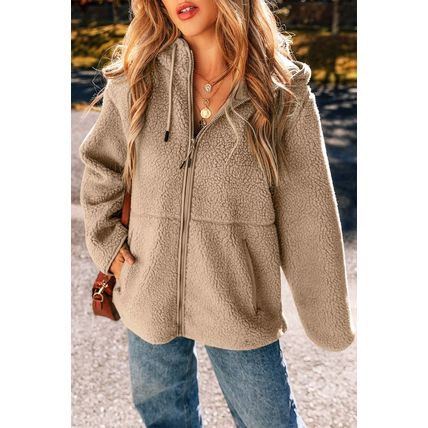 Pale Khaki Fleece Zip Up Drawstring Hooded Pocketed Jacket