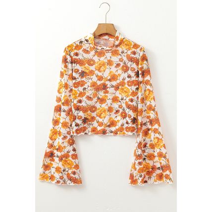 Orange Floral Printed Bell Sleeve Mock Neck Scallop Trim Blouse