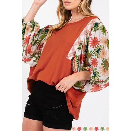 Desert Gold Floral Puff Sleeve Patchwork Round Neck Blouse