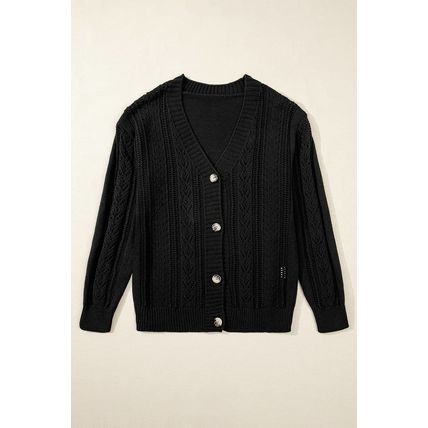 Black Open Knit Drop Shoulder Sweater Cardigan