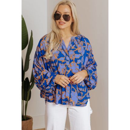 Blue Floral Print Batwing Sleeve Buttoned Loose Fit Shirt