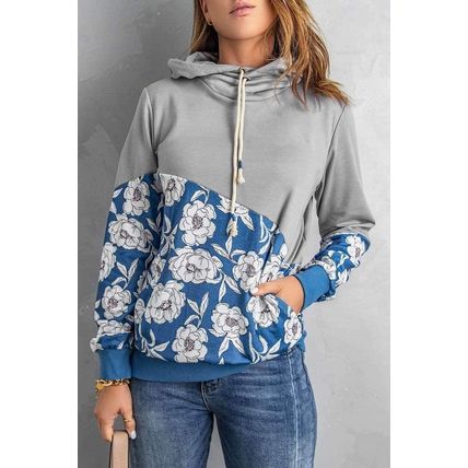 Gray Floral Splicing Cowl Neck Hoodie