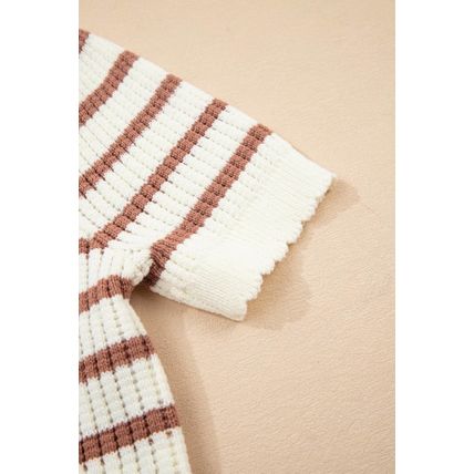 Khaki Stripe Scalloped Round Neck Short Sleeve Sweater