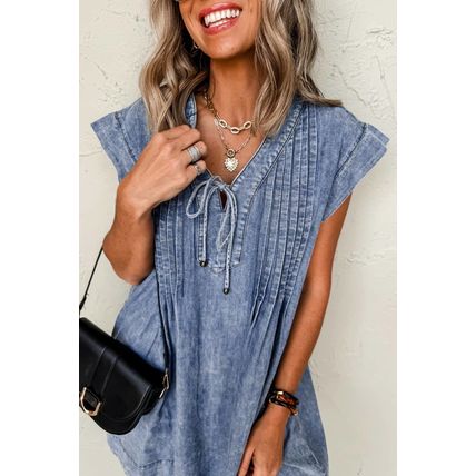 Beau Blue Tie V Neck Tucking Detail Short Sleeve Denim Shift Dress