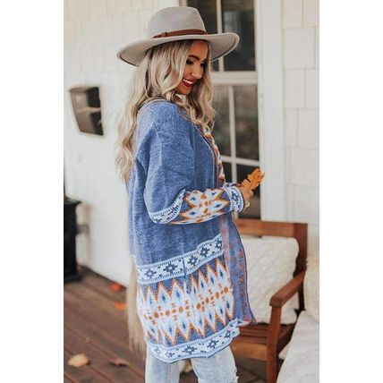 Blue Aztec Print Open Front Knitted Cardigan