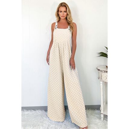 Beige Checkered Pocketed High Waist Wide Leg Overall