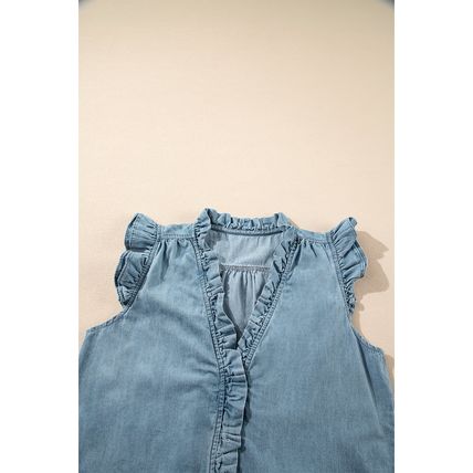 Beau Blue Frilly Ruffle Trim V Neck Chambray Tank Top