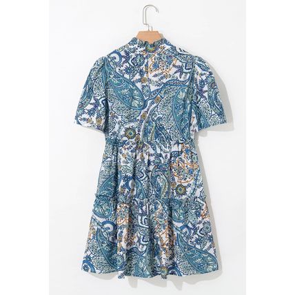 Blue Bohemian Paisley Floral V Neck Short Sleeve Mini Dress