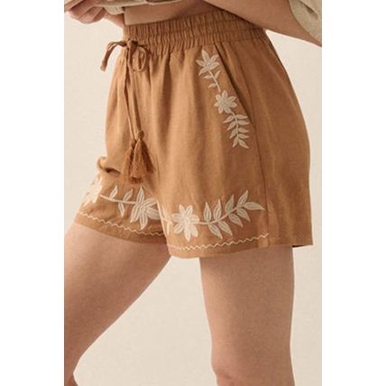 Khaki Embroidered Boho Tasseled Drawstring Elastic Waist Casual shorts