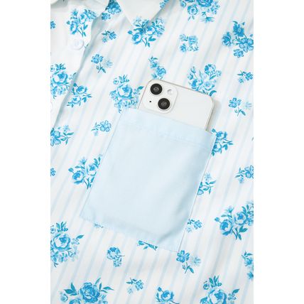 Sky Blue Floral Striped Print Contrast Patched Pocket Shirt and Shorts Set