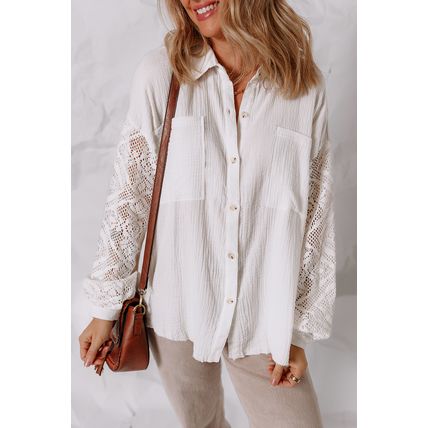 White Cotton Gauze Lace Patchwork Long Sleeve Shirt