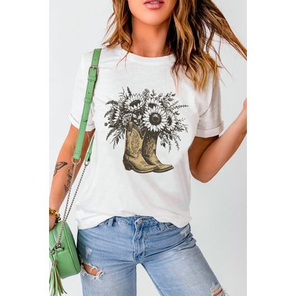 White Sunflower Cowgirl Boots Cotton Blend Graphic Tee