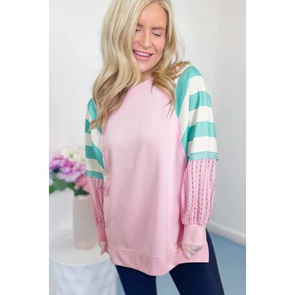 Bonbon Striped Colorblock Patchwork Raglan Pullover Top with Slits