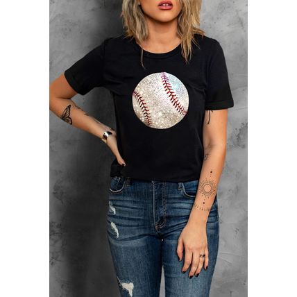 Black Heat Transfer Baseball Print Cotton Blend T Shirt
