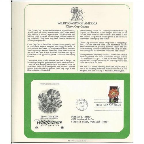 WILDFLOWERS OF AMERICA : CLARET CACTUS ' OFFICIAL FIRST DAY of ISSUE ' (1992)