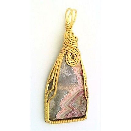Crazy Lace Agate Brass Wire Wrap Gemstone Pendant 59
