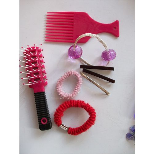 HOT PINK & PURPLE BRUSHES, COMB + 11 HAIR ORNAMENTS **GC**