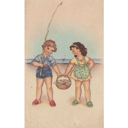 Italian Children Girls As Fishing Fisherwomen Old Postcard