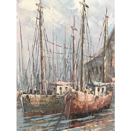 Original Oil Painting On Canvas Fishing Sailing Boats At Boatyard Dock