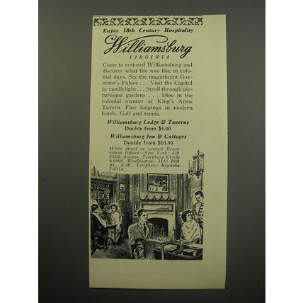 1955 Williamsburg Virginia Ad - Enjoy 18th Century Hospitality Williamsburg