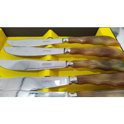 complete set steak knife knives 6 serated edge de luxe cutlery vintage ashberry