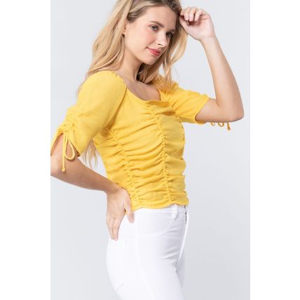 Elbow Slv Smocked Ruched Woven Top