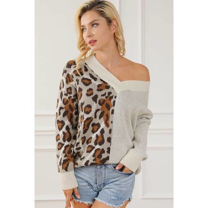 Leopard Color Block V Neck Drop Shoulder Knit Sweater