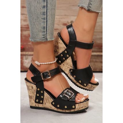 Black Rivet Buckle Closure Wedge Sandals