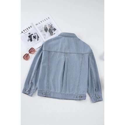 Sky Blue Stripe Washed Oversize Pocketed Denim Jacket
