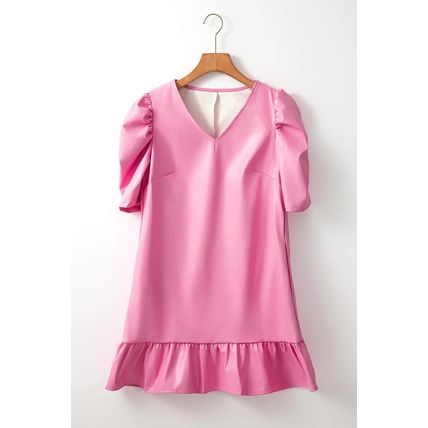 Sachet Pink Pleather Bubble Short Sleeve V Neck Ruffled Hem Mini Dress